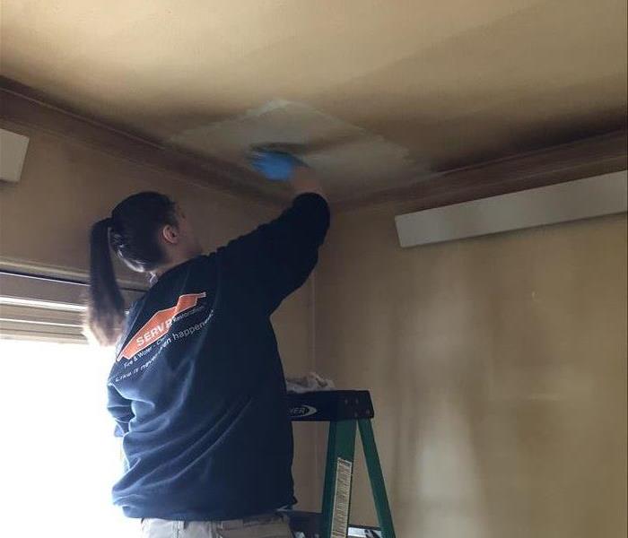 A woman wearing a SERVPRO shirt and standing on a ladder cleans a ceiling