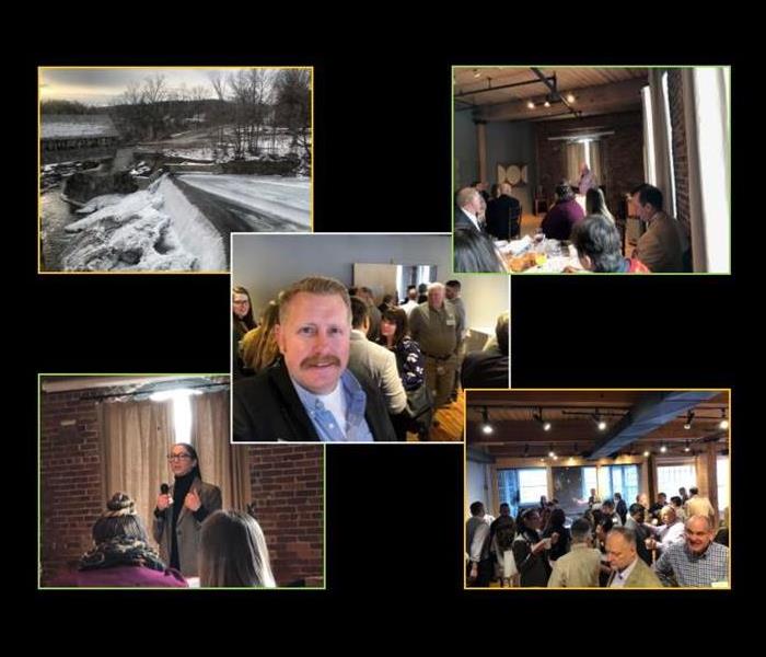 collage of photos from a networking event, 4 pictures of people at event, 1 picture of covered bridge in winter