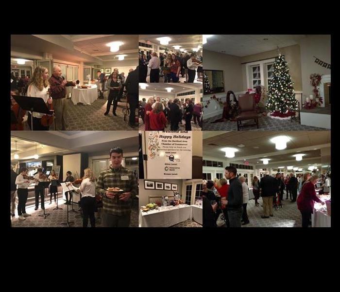 collage from a holiday party, people playing music, eating, socializing, Christmas decorations and banner with business names