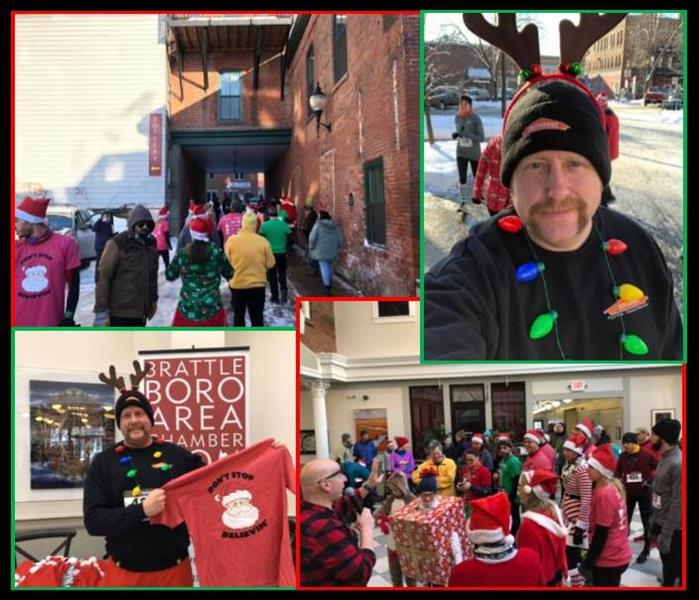 collage from a Christmas themed run, with two pictures of man with facial hair, SERVPRO clothes & Christmas costume