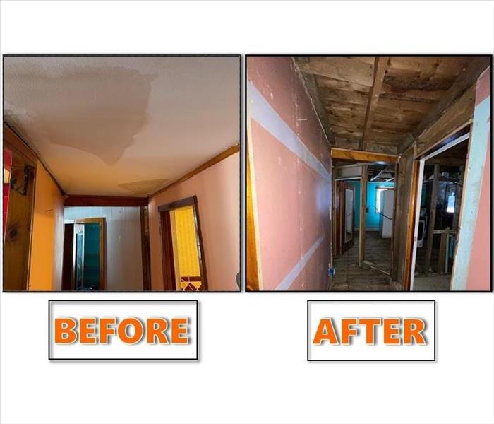 Side by side photos of a water damaged hallway, before and after demolition.