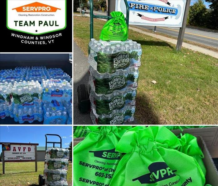 Collage of fire departments, cases of water, and green bags delivered to the fire departments.