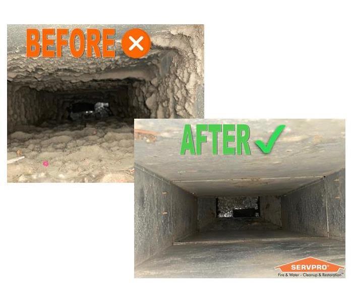 Before and after photos of air ducts. Before has heavy amounts of dust and debris, after is clean of debris.