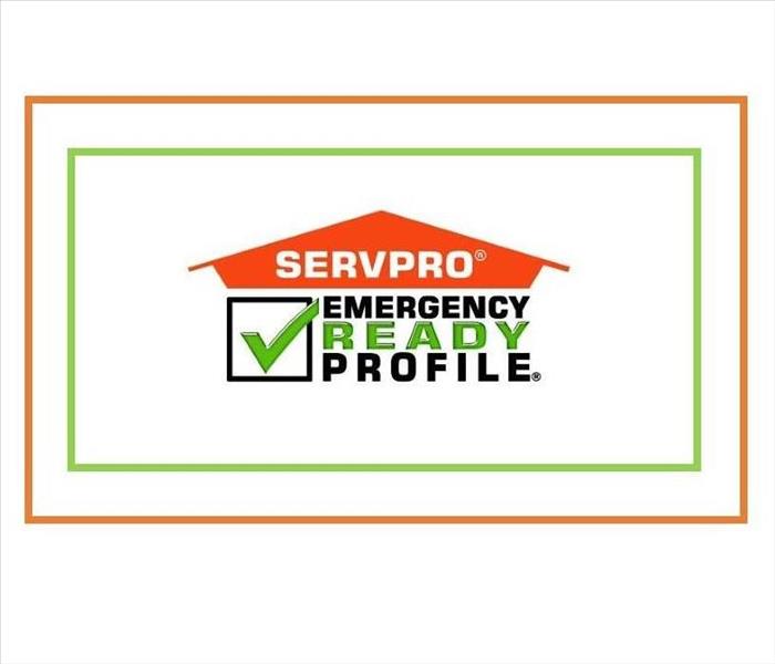 orange, black and green SERVPRO Emergency Ready Profile logo with green checkmark, white background, orange and green frame