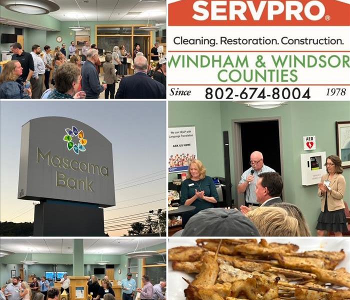Collage of images from local chamber of commerce event, SERVPRO logo and Mascoma Bank sign.